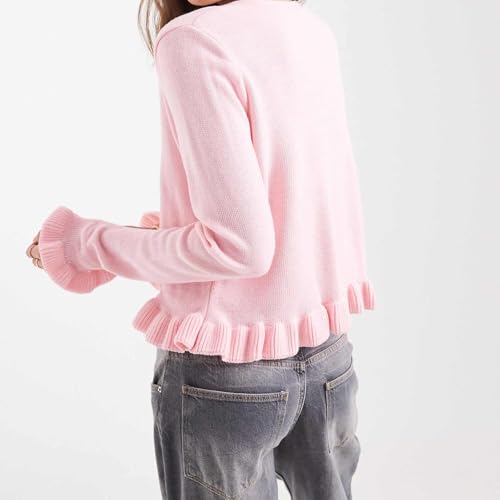 Women Cute Button Up Cardigan Y2K Ruffle Sweater Fall Crew Neck Long Sleeve Cropped Knit Tops Outerwear2
