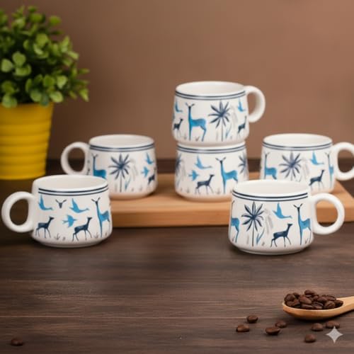 Image of 'Blue Deer' Premium Ceramic Tea Cup Set with Kettle & 6 Cups | Floral Printed Ceramic Cup with Teapot | Handcrafted, Microwave & Dishwasher Safe | Tea Serving Set for Home, Office & Gifting