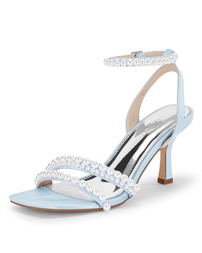 Image of Coutgo Womens Pearl Kitten Heels Sandals Square Open Toe Dress Sandals Ankle Strap Satin Wedding Party Summer Sandals