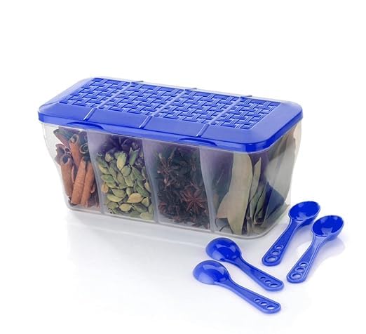 Image of TASTIC Multipurpose Plastic 4 in 1 Masala Box for Kitchen | Spice Boxes for Kitchen | Transparent 4 Compartment Storage Containers Airtight | Dabba with 4 Spoons | (BLUE, STANDARD)