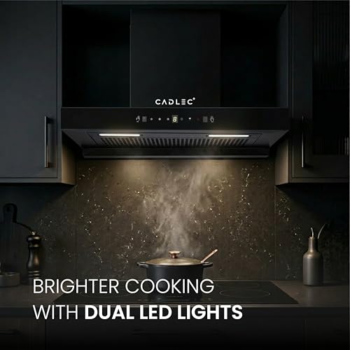 Image of Cadlec PeakFlow 60cm Filterless T-Shape Kitchen Chimney | 1400 m /hr Powerful Suction | Auto Clean with Oil Collector | Feather Touch + Gesture Control Technology | 20-Year Warranty | Black