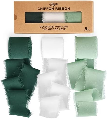 Chiffon Ribbon Fringe Gift Ribbon 3 Rolls 1.5" Wide x 7 Yd Cream Green Ribbons Set for Wedding Decor, Gift Wrapping, Bridal Bouquets, Handmade Crafts