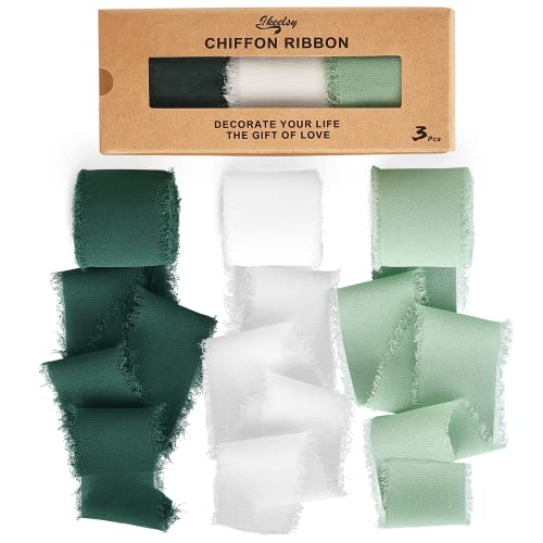 Chiffon Ribbon Fringe Gift Ribbon 3 Rolls 1.5" Wide X 7 Yd Cream Green Ribbons Set For Wedding Decor, Gift Wrapping, Bridal Bouquets, Handmade Crafts #TOP1
