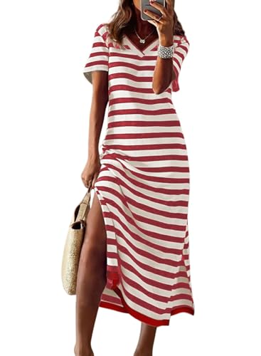 Dokotoo Maxi Dress Casual V Neck Short Sleeve Stripe Split Long Maxi Dresses for Women 2025 Resort Wear for Women Boho Dress Wedding Guest Dresses for Women Red Medium