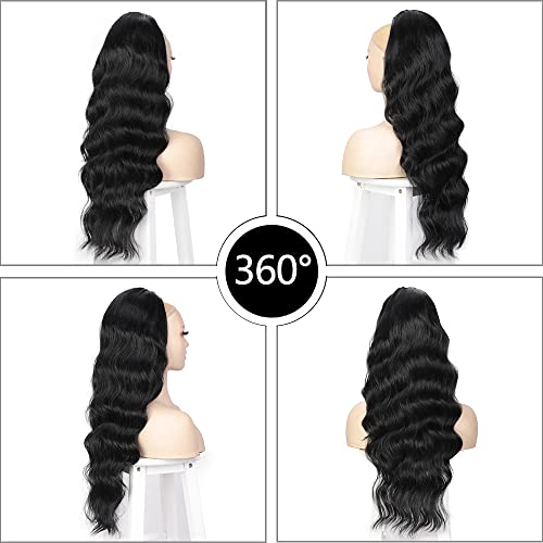 Long Wavy Drawstring Ponytail 24" Clip In Ponytail Extensions Black Wrap Around Ponytail Synthetic Hairpiece For Black Women (1B) #TOP2
