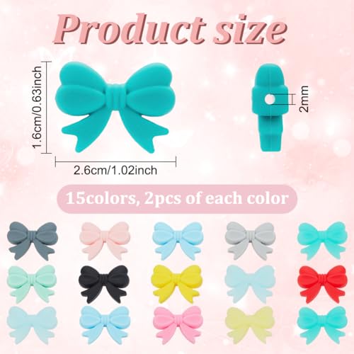 WEBEEDY 30pcs Bow Silicone Focal Beads 15 Colors Cute Bow Tie Bead Colorful Bowknot DIY Silicone Beads Soft Loose Spacer Bead for Beadable Pens Bracelets DIY Jewelry Making Keychains Crafts - Image 2