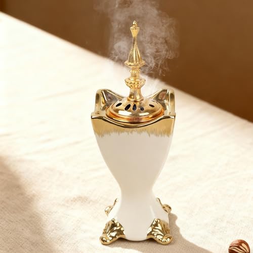 Ceramic Bakhoor Incense Burner - Tranditional Golden Bakhoor Burner - for Yoga Spa Aromatherapy Office & Home Decor
