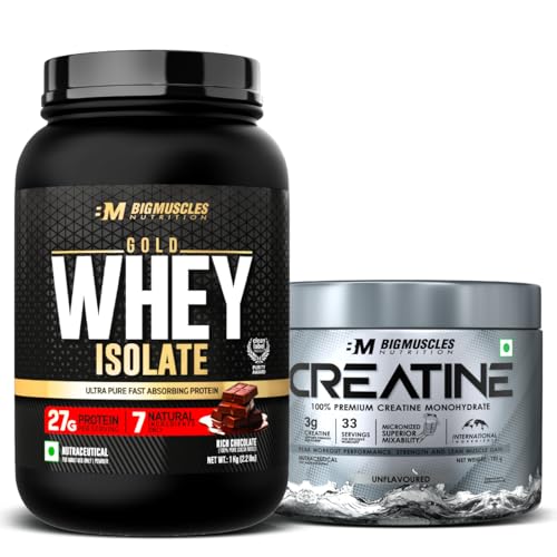 Image of Bigmuscles Nutrition Gold Whey Isolate (1kg, Rich Chocolate) with Creatine Monohydrate (102g, Unflavoured) | 27g Whey Protein Isolate 90% | 7 Natural Ingredients Only | 0 Added Sugar | Clean Label Project Purity Award USA