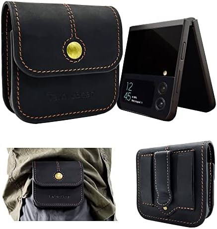 TarbicGear Phone Holster for Z Flip 4, Belt Clip Case for Samsung Galaxy Z Flip Series, Magnetic Closure Flap Holder for Motorola RAZR Series, Western Real Leather Pouch on Belt, Black