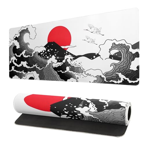 Grand tapis de souris gamer vague japonaise rouge et noir avec base antidérapante XL