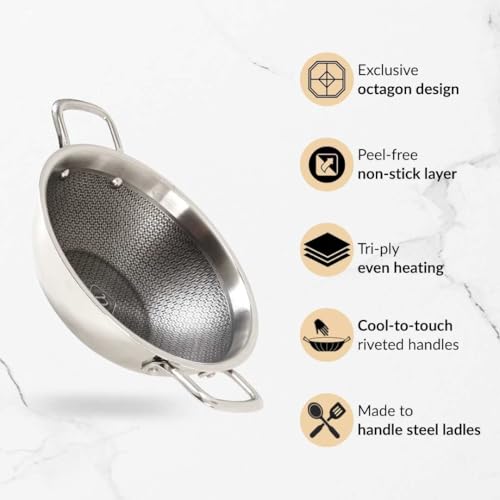 Image of Nestasia Triply Stainless Steel Honeycomb Kadai with Glass Lid 24 cm (3L) - Non Stick Kadhai with Air Vent Lid for Healthy Cooking | Induction & Gas Stove Friendly, Even Heating, Less Oil Use