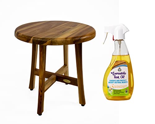 EcoDecors Shoji 18in Teak Wood Round Shower Seat or Side Table - with Loveable Teak Conditioning Oil