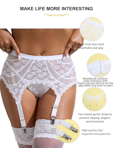 ohyeah White Lace Garter Belt for Thigh Highs Stockings Sexy Mesh Suspender 4-Strap Garter Belts Plus Size Garters Lingerie(Garter Sale Only) 8-10 - Thumbnail 4