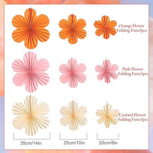 Image of SUNBEAUTY Paper Flowers Decorations Pink and Orange for Wall Paper Fans Classroom Decoration Paper Floral Backdrop Decor Paper Fans Decor Hanging Paper Fans Orange Flower Wall Decor Set of 9