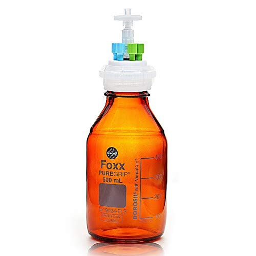Foxx Life Sciences 45V-4604-FLS, PUREGRIP Borosilicate Glass HPLC Solvent Reservoir Reagent Bottle Assembly, Polypropylene GL45 VersaCap, Class VI PTFE Manifold, Amber, 500mL, 1 Ports