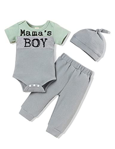 Image of TUEMOS Newborn Infant Baby Boy Clothes Mama's and Boy Romper Pants Set Hat 3PC Outfits Set