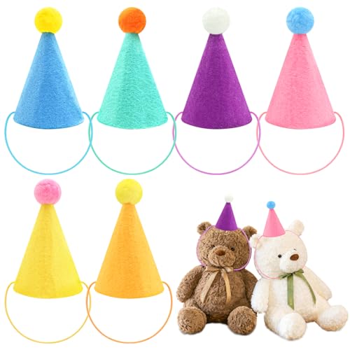 Syryia 6pcs Mini Party Hats for Stuffed Animals Felt Birthday Cone Hats for Dogs Cats Rabbits and Dolls Assorted Color Pet Party Decorations with Adjustable Chin Strap No Assembly Required