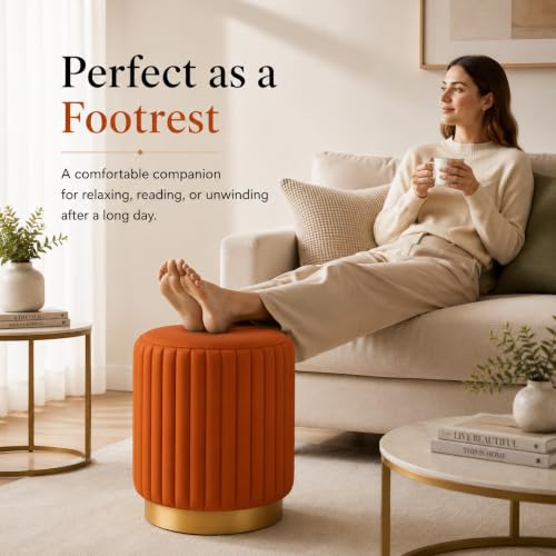 Image of Designer Velvet Round Footstool Ottoman with Sturdy Gold Metal Band Base for Home Decor & Extra Seating, Lightweight Pouf Stool for Sofa Side & Bedroom, 16x16x17 Inch (Orange)