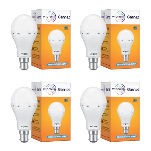 Image of wipro Garnet 14W LED Emergency Bulb | Cool Day White (6500K) | B22 LED Bulb Base | Inverter Bulb for home, with 4 Hours battery back up| Li-ion Battery | Over charging Protection | Pack of 4