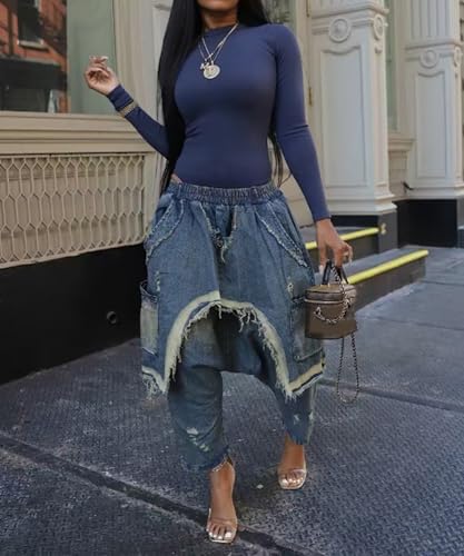 Women's Baggy Stretchy Denim Harem Pants Elastic High Waisted Washed Distressed Ripped Raw Edge Wide Leg Jeans4