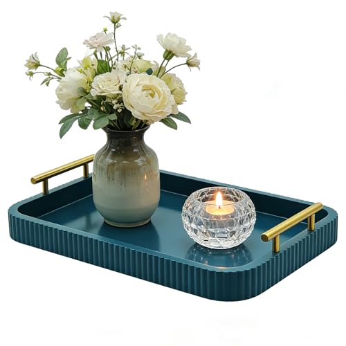 Rectangle Modern Wood Serving Tray with Metal Handles, High Gloss Teal Finish, 16x12 Inch Coffee Table Ottoman Tray for Storage and Display (Teal) by Carah & Cossh - Used condition - US$26.14