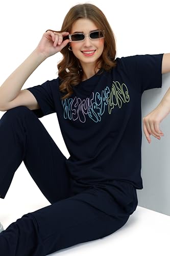 Image of ZEYO Women's Cotton Typography Wide Bottom Night Suit Set of Top & Pajama Set