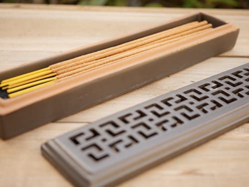 9.5” Rectangular Ceramic Incense Coffin Burner Box | Stick Rope Dhoop Cone Ash Catcher | Traditional Chinese Design Meditation (Brown) #TOP7