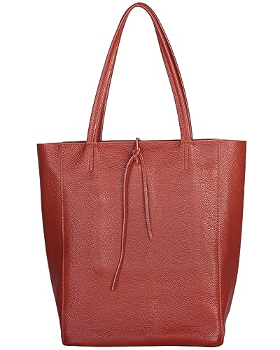 Image of Genuine Italian Leather Tote Bag for Women, Large Slouchy Purse, Terracotta | Unstructured bag, raw unlined interior with zip pocket, top zipper, side ties, folds flat, fits a 16-inch laptop, lightweight