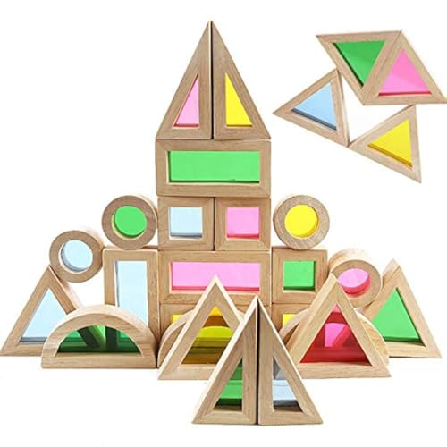 Image of Agirlgle Wood Building Blocks Set for Kids 24 Pcs Rainbow Stacker Stacking Game Construction Toys Set Preschool Colorful Learning Educational Toys - Geometry Wooden Blocks for Boys & Girls