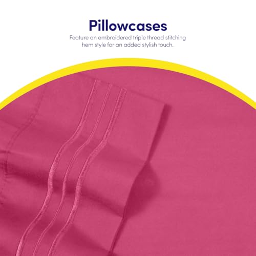 California King Size Sheet Set with Built-in Sheet Straps - Deep Pocket Fitted Sheet, Flat Sheet & Pillowcases - Soft, Wrinkle-Free, Secure Fit - Fuschia