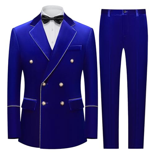 UNINUKOO Double Breasted Suit Men Velvet Classic Fit Formal Dinner Party Wedding 2 Piece Business Suits for Men US Size S Royal Blue3