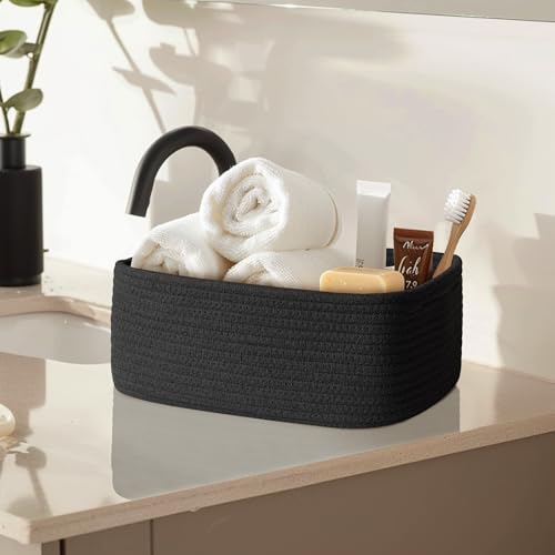 Image of MEGASKET Small Shelf Storage Baskets for Organizing, 3 Pack Mini Woven Storage Bins for Dog Toy, Book, Decorative Cotton Rope Nursery Closet Organizer, Gift Baskets Empty, 11.8 inchx7.9 inchx4.7 inch, Black