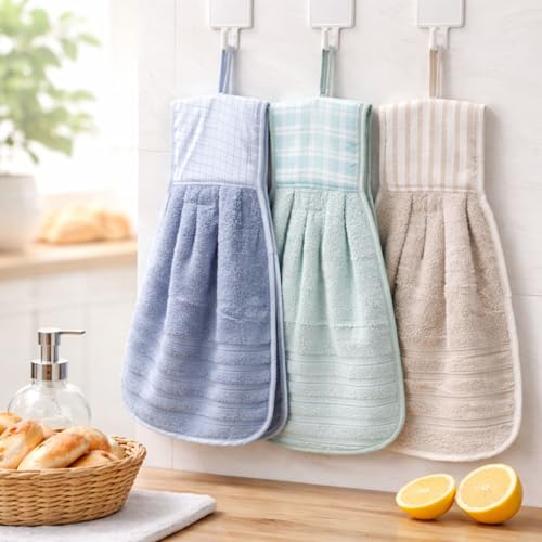 Image of Hand Towel with Loop | 600 GSM | Hanging Napkin for Wash Basin, Kitchen Sink, Bathroom| Pack of 3 in (Blue, Green, and Cream) | Assorted