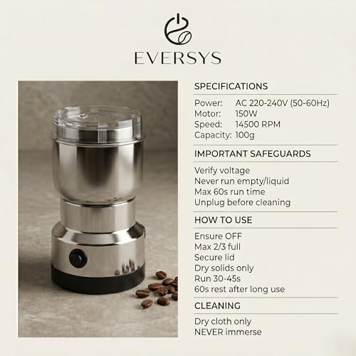 Image of Andrew James Mini Mixer Grinder Small Size 150W High Speed | EVERSYS Stainless Steel Spice Grinder & Coffee Beans Grinder | Portable Electric Grinder for Masala, Dry Ingredients (100g Capacity)