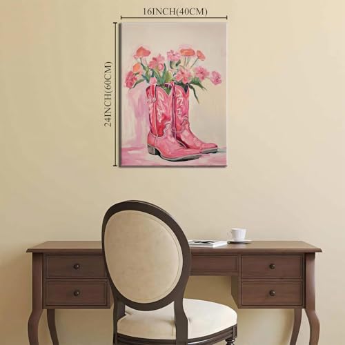 Image of Julaydi Floral Cowgirl Boots Wall Art Pink Cowboy Boots with Flower Painting Western Aesthetic Canvas Prints Poster Trendy Preppy Girls Room Decor Picture for Living Room Bedroom Dorm 16x24in Framed