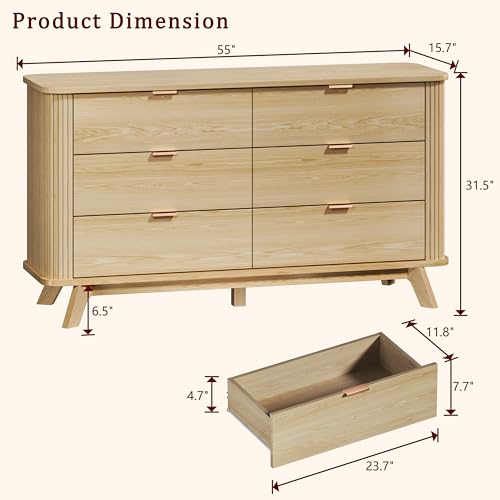 Image of HUAHUU Fluted 6 Drawers Dresser for Bedroom, 55 inch Mid Century Modern Dresser & Chests of Drawers, Curved Profile Design, TV Stand, Wood Storage Organizer for Living Room, Entryway, Hallway, Oak