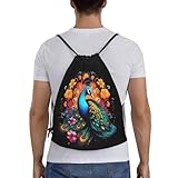 RQLNBOBZ Mochilas de pavo real con plumas y flores modernas y portátiles con cordón deportivas para hombre y mujer para la escuela.