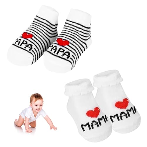 Calcetines Antideslizantes Bebe de 0-6 meses 2 pares, calcetines bebe de algodón antideslizantes, LOVE MAMA and PAPA, Regalos Para Recién Nacidos Bebés Niña Niño, Adorable y Práctico