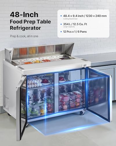 Image of VEVOR 48 inchW Commercial Refrigerator, 12.5 Cu. Ft Sandwich Prep Refrigerated Table, Mega Top Food Prep Fridge with 12 Pans and Cutting Board, Stainless Steel Salad Prep Cooler for Restaurant, Food Truck | 12.5 Cu Ft 2-Door Salad Prep Cooler, Fast Cooling, Mega Top, Cutting Board, Stainless Steel Body, for Restaurant, Food Truck