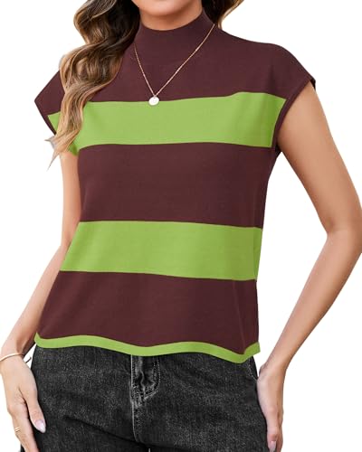 Image of Arach&Cloz Women's Striped Cap Sleeve Tops 2025 Spring Color Block Summer Lightweight Sweater Vest Mock Neck Shirts