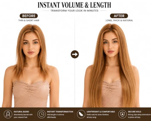 Image of Salon-Grade Clip-in Hair Extensions for Women, Imported Synthetic Hair, 6 PCS with 13 Secure Clips, Instant Volume, Natural Blend, Reusable Hair Volumizer (Golden Brown, Straight)