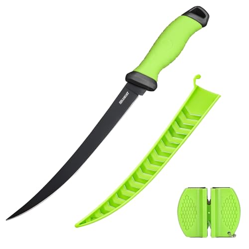 Seaknight Angelmesser 5' 7' 9' Rasiermesser scharfe Edelstahlklinge Filetmesser rutschfester Gummigriff inklusive Schutzscheide und Schärfer (9')