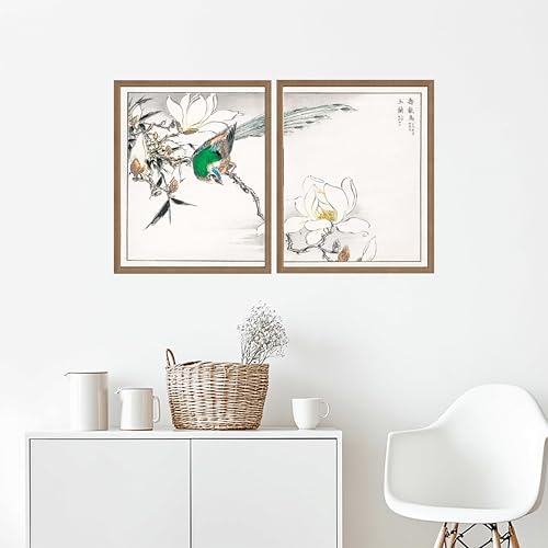 Chinese Bird and Magnolia Wall Art Poster Prints, Vintage Painting Photo Pictures, (Set of 2) Decor for Living Room, Bedroom, Bathroom AA33 (Chinese Bird and Magnolia, 11 x 14 inches (2 Panels), Wood Frame)