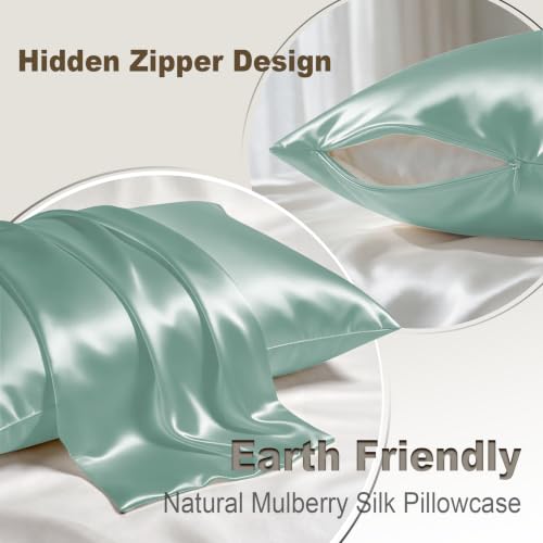 Image of LYSHIN Silk Pillow Cases Standard Size with Hidden Zipper, Sage Green | 19 Momme Mulberry Silk Pillowcase for Skin and Hair, Anti-Acne, Hypoallergenic, Cooling, Beauty Sleep, Gifts for Women