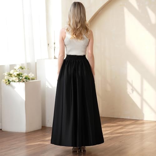 A-Line Satin Front Flated Back Elastic Formal Prom Party Maxi Skirt for Women with Pockets4