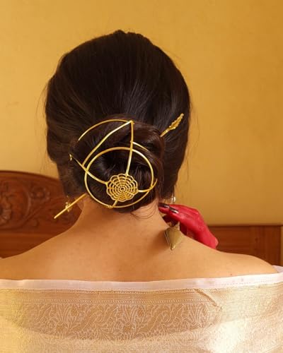 Image of Hair Bun Cage Accessory for Women | Handcrafted Brass Juda Cover with Stick | Anti-Tarnish Traditional Hair Accessory for Wedding & Festive (Arrowhead Hair Bun (Golden))