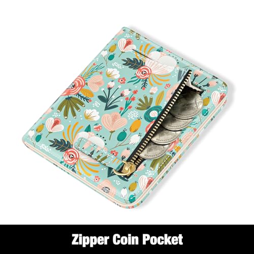 Image of Rouidr Womens Wallet, RFID Small Slim Wallet for Women, Cute Bifold Leather Pocket Credit Card Holder Ladies Mini Purse with Zipper Coin Pocket & ID Window, Green Flowers