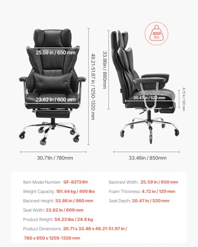 Image of VEVOR Executive Office Chair with Footrest, 400lb Capacity Oversize Office Chair with Lumbar Pillow & Removable Armrests, Heavy Duty Ergonomic Chair, PU Leather Reclining Home Office Desk Chair, Black