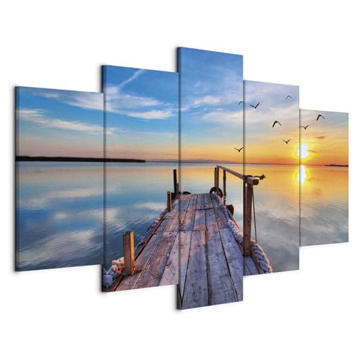 B&D XXL - Quadro Paesaggio Mare 200x100 cm 5 Pezzi - Stampa su tela - Quadri Moderni Soggiorno Murale Pannelli Decorativi per Pareti - Decorazione da parete Tramonto Uccelli Blu c-B-0124-b-n
