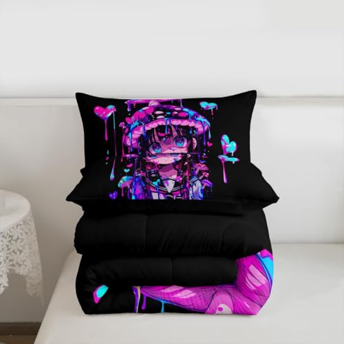 Image of Erosebridal Mushroom Girl Comforter Set for Kids Boys Girls 3D Japanese Girly Bedding Watercolor Graffiti Duvet Set Cute Anime Gifts Comforter Full with 2 Pillowcases